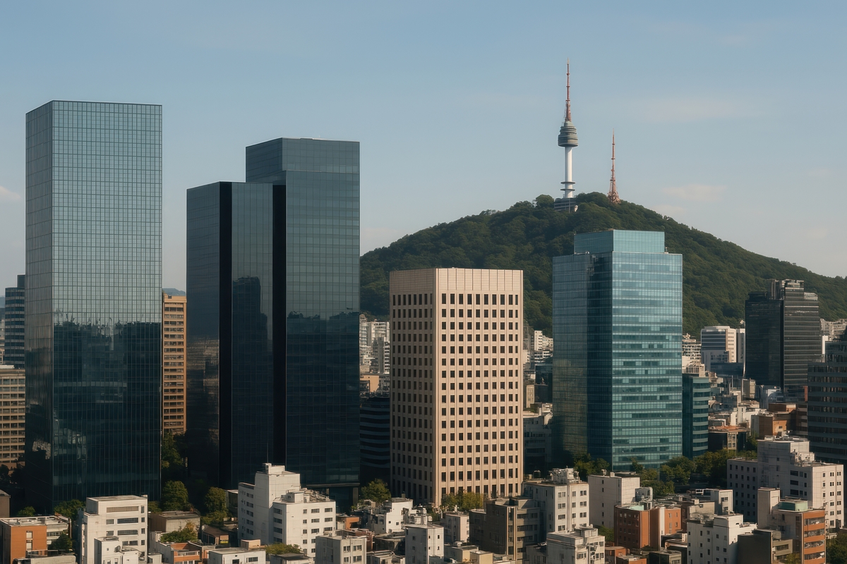 Modern skyline with iconic tower.